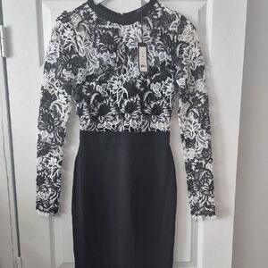 Black & White Lace Long Sleeve Dress | Cocktail Formal Wedding Guest | S